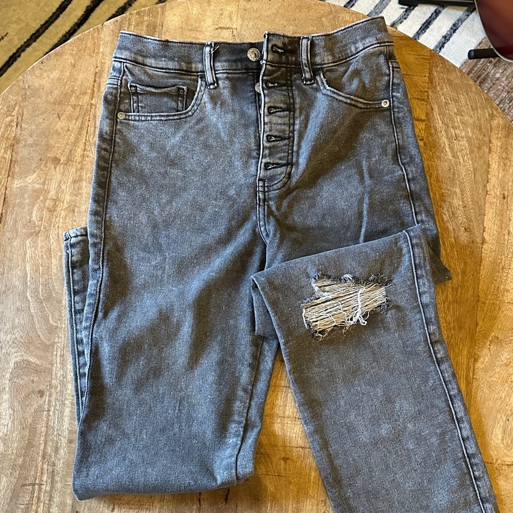 Express Gray Washed High-Rise Distressed Button-Fly Jeans